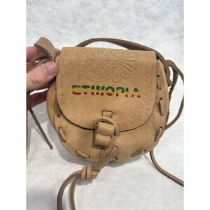 Vintage Ethiopia Hand Tooled Leather Crossbody Pouch Bag Adjustable Strap Boho
